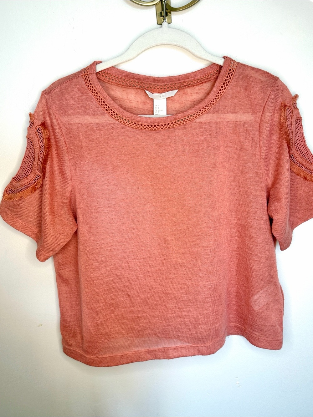 H&M Rust Pink Crochet-Trim Cold-Shoulder Crop Top